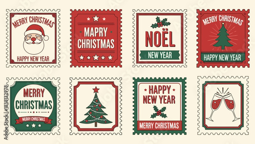 Collection of festive holiday season postage stamps featuring traditional Christmas and New Year illustrations in a vintage style, perfect for seasonal greetings