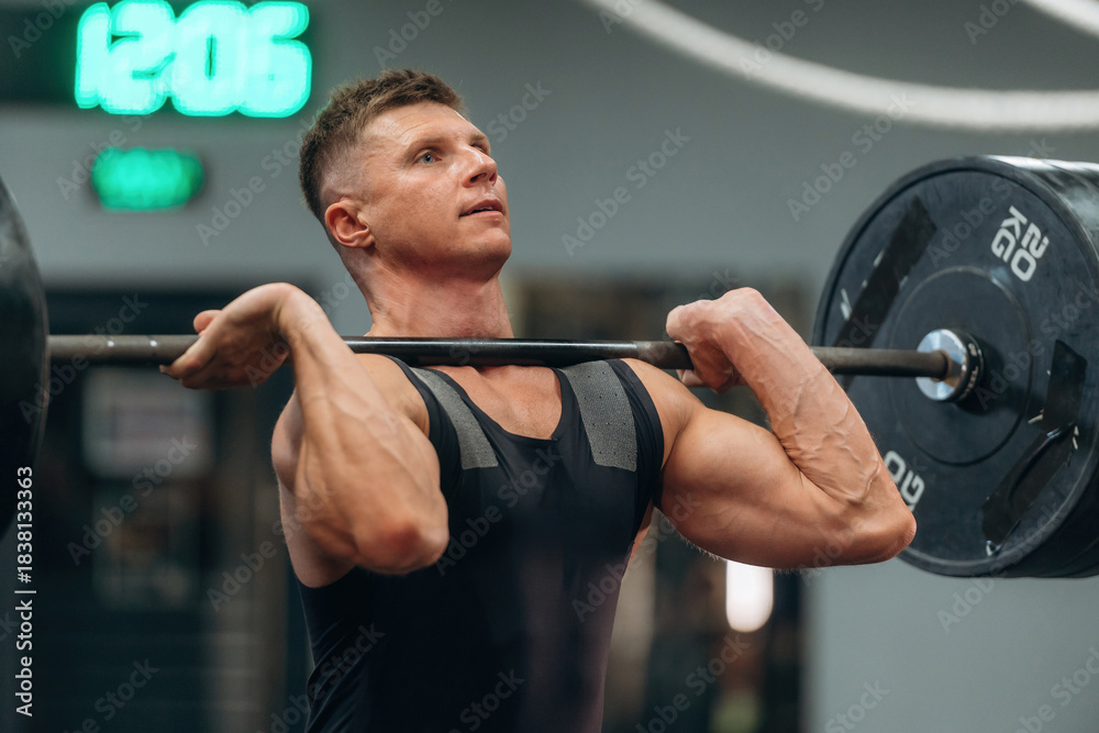 Fototapeta premium Workout session. Athletic man performing weightlifting exercises with a barbell in a gym