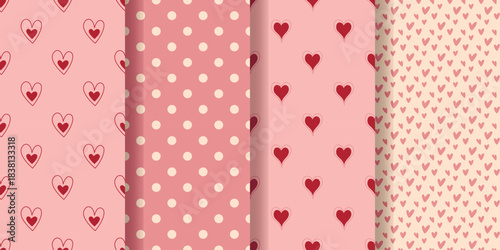 Set of cute seamless patterns for Valentine s Day. Backgrounds with hearts in red, pink and beige colors. Collection of prints for textiles, packaging, paper and design. Vector graphics