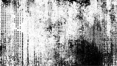 Abstract black and white grunge background featuring a distressed halftone pattern and wornout texture overlay