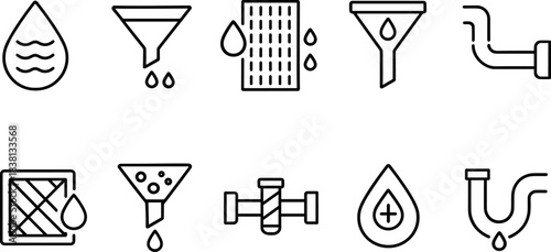 Water filtration and eco plumbing icons set. Pipes, taps, filters, drops, sustainable water outline symbols