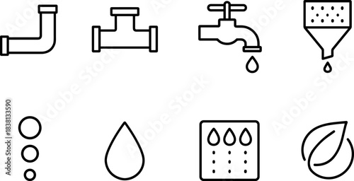 Water filtration and eco plumbing icons set. Pipes, taps, filters, drops, sustainable water outline symbols
