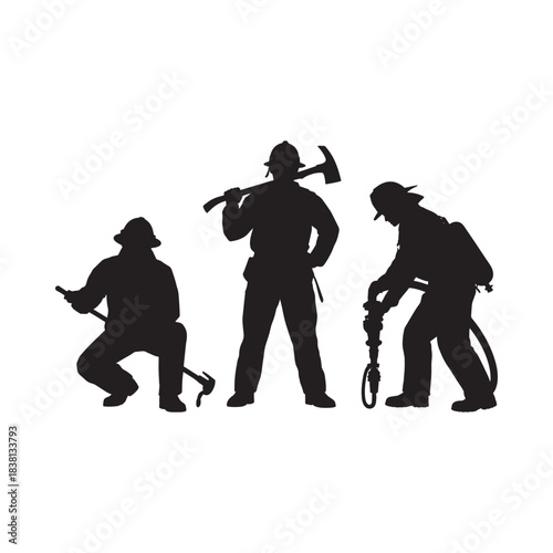 Silhouettes of three firefighters with tools against a white background