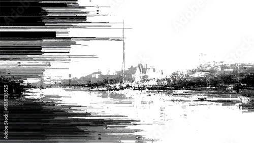 Abstract digital glitch art landscape depicting a distorted cityscape with industrial elements in blackandwhite tones