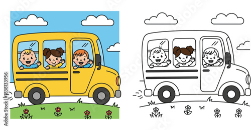 Cute cartoon yellow school bus with happy children waving from windows. Vector illustration of kids going to school or kindergarten on a sunny day.