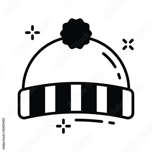 glyph icon of cozy knitted winter hat with pom pom for Christmas season