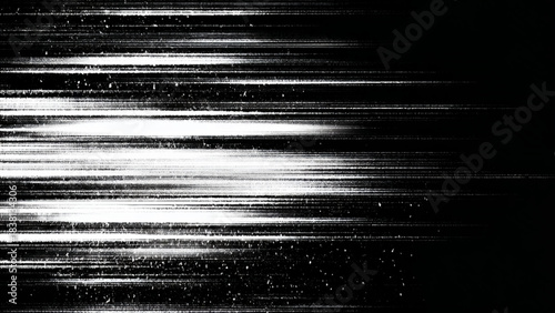 Abstract white horizontal lines with glitch effect on a dark black background texture overlay