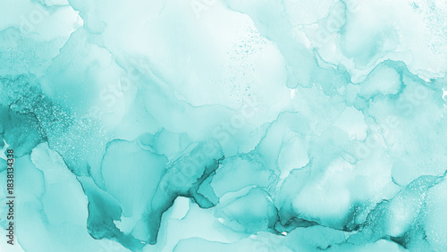 Beautiful abstract teal aquamarine alcohol ink background texture with fluid flowing artistic watercolor design