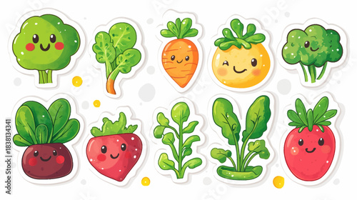 Cute Cartoon Vegetable Sticker Set for Kids, Fun Illustrations, White Background, Playful Design
