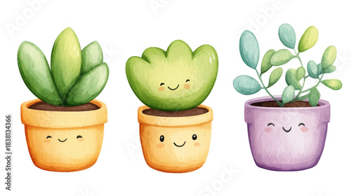 Cute Cartoon Baby Plants in Colorful Pots, Digital Illustration, Cheerful Home Decor, Whimsical Art, White Background