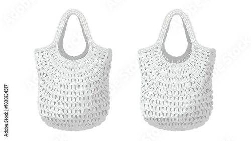 Delicate depiction of reusable woven white string bags designed for eco-conscious shopping practices and promoting sustainable lifestyles for