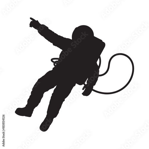 Silhouette of an astronaut floating in space pointing forward