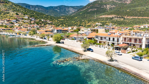 Aerial Drone View of Glyfada Village and the Gulf of Corinth, Central Greece