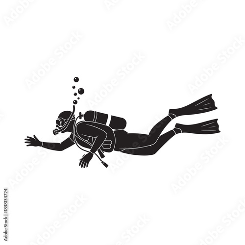Silhouette of a scuba diver gracefully swimming underwater with bubbles