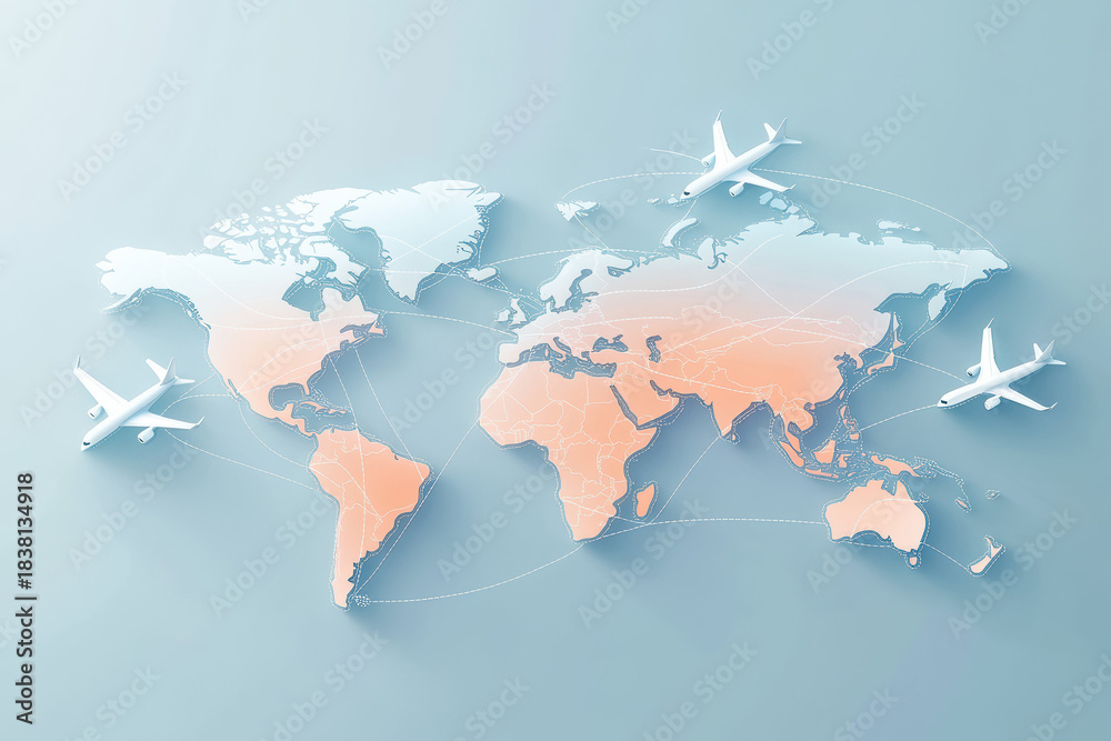 Naklejka premium A flat-design world map featuring soft pastel colors and minimalist airplane routes. The curved white lines and dotted trails offer a modern depiction of global travel and connection.
