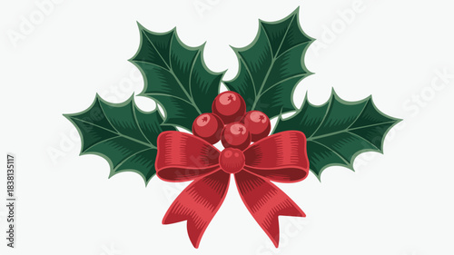 Red Bow Tied Around a Holly Sprig with Red Berries on a White Background berry celebration