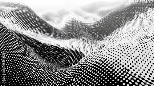 Modern abstract digital landscape with flowing waves and monochrome halftone dot pattern background texture