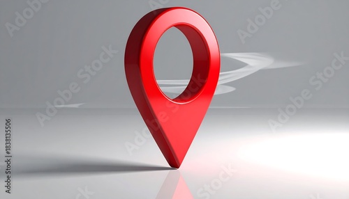 Glossy red location pin stands on white surface, reflecting light against a grey background with subtle, faded markings