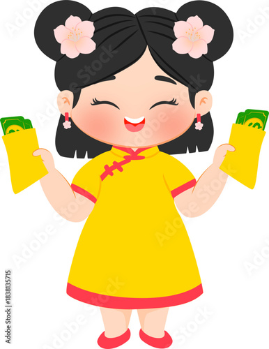 Cartoon girl holding envelopes for lunar new year