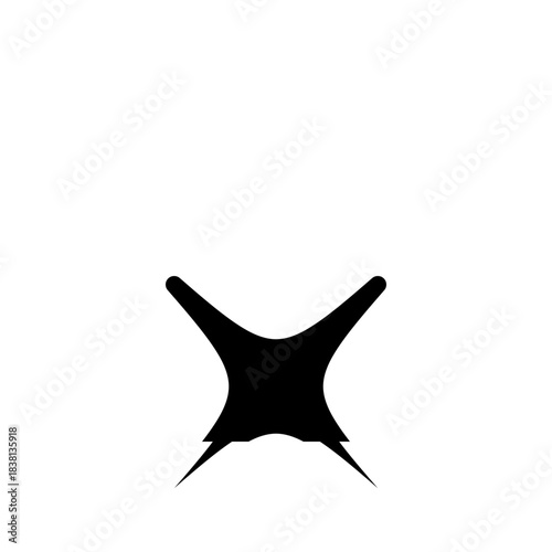 Abstract black shape resembling a stylized butterfly or insect with sharp wingtips against a stark white background