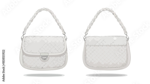 Elegant white purse with woven strap design, a minimalist and stylish illustration of fashion accessories presenting front and back views for