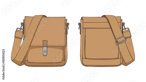 Illustration showcasing the front and back design views of a stylish crossbody bag accessory product