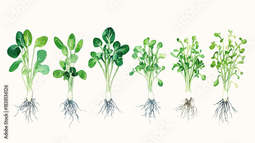 Growth Journey of Vegetable Sprouts, Botanical Illustration, White Background, Nature, Informative Viewpoint