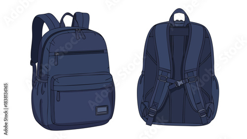 Detailed vector illustration showcasing a navy blue backpack, highlighting the front and back designs with precision stitching and robust construction