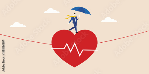 Man walking on a tightrope over a heart with an umbrella