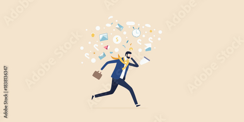 Overwhelmed businessman running with scattered papers and icons above his head