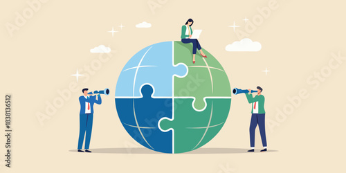 Global connection and collaboration people working together on a puzzle earth