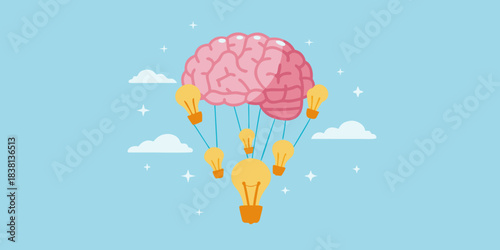 A brain shaped hot air balloon with light bulbs floating in the sky