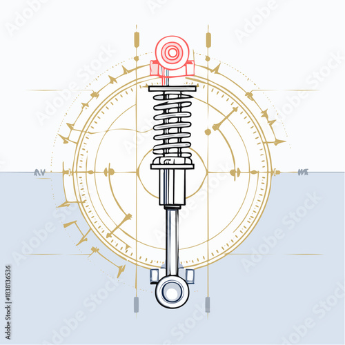 Detailed engineering blueprint of a car suspension shock absorber with mechanical diagrams and technical specifications