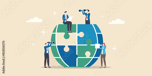 Business team collaborating on a global strategy with a puzzle earth