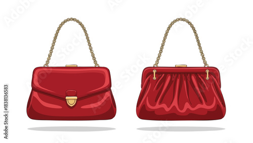 Elegant scarlet handbags showcase gold chain, creating a luxurious illustration with impeccable style conveying sophistication and charm