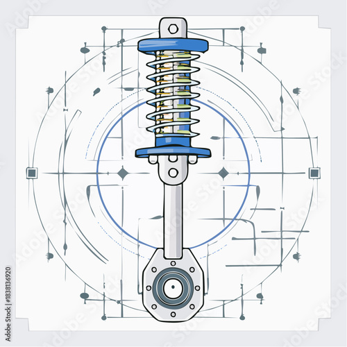 Mechanical engineering diagram of a shock absorber with blueprints and technical drawings in the background