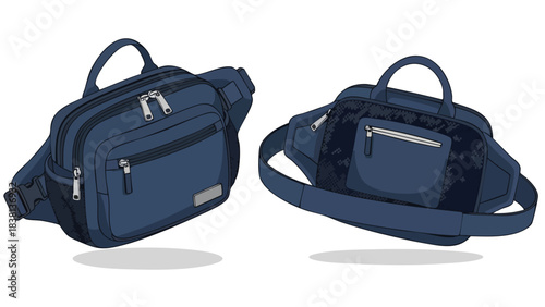 Dual perspectives of a stylish navy blue waist bag, a contemporary fashion accessory showcasing its versatility and practicality