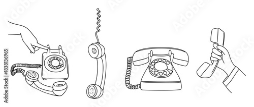 A minimalist black and white vector set of rotary phones and handsets, featuring clean line drawings of classic telephones and hand gestures.