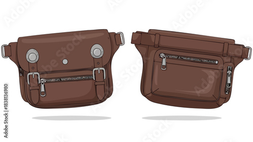 Stylish Brown Leather Fanny Pack Illustration Showcasing Front and Back Designs for Fashion or Product Design projects