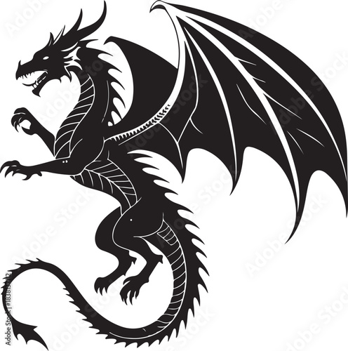 Majestic stylized dragon silhouette in mid-flight with sharp angular lines, bold graphic style, dynamic wings, serpentine body, minimalist vector design.