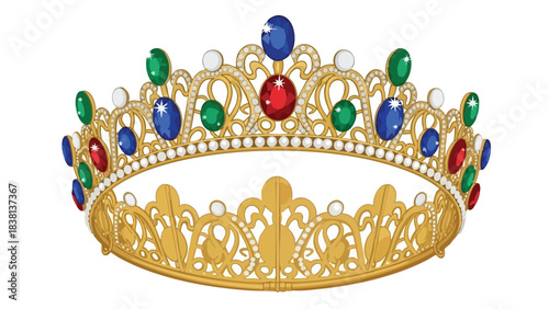 A golden royal crown adorned with vibrant gems, an exquisite representation of power and elegance, set against a clean backdrop, perfect for