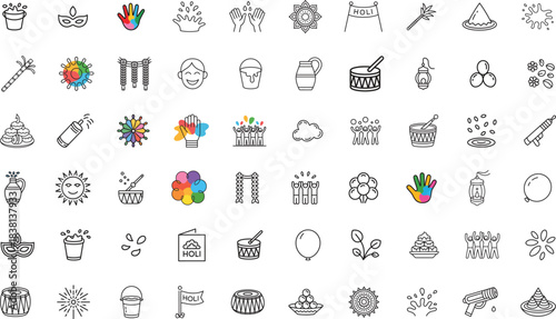 Holi festival line icons set. color, splash, celebration. editable stroke. vector illustration