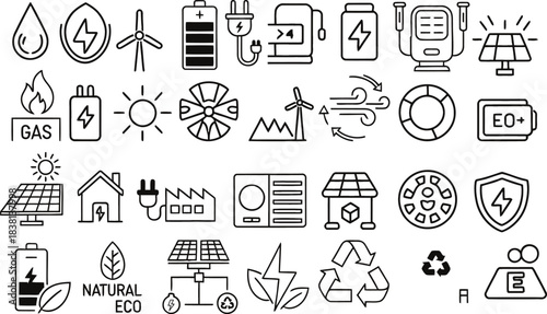 A modern renewable energy icon set designed with clean minimal line style and consistent thin strokes.