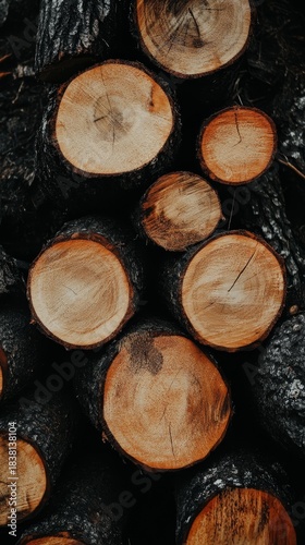 Close up view of neatly stacked freshly cut wood logs showing circular growth rings, textures, and warm tones against a dark background