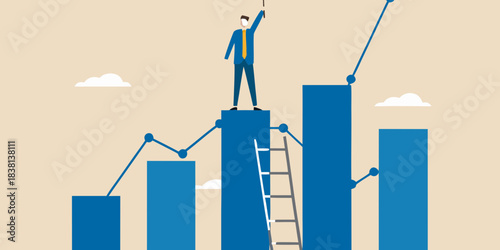 A businessman celebrates success atop a rising graph and bar chart