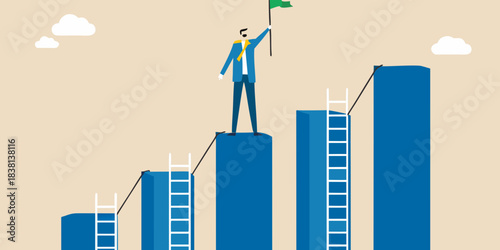 Business success a man celebrates achievement atop a graph of rising progress