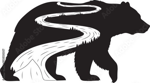 Black bear silhouette with river and mountain landscape inside