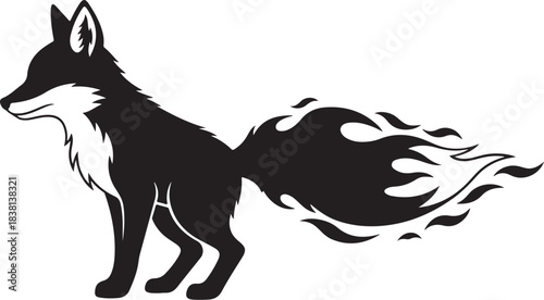 Black fox with fiery tail silhouette animal fire