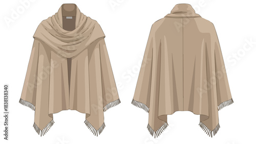 Elegant beige poncho with draped collar, showcasing front and back design details in a minimalist fashion illustration