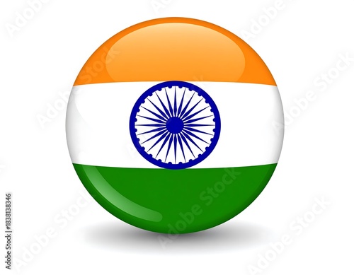 Glossy, spherical icon displaying orange, white, and green horizontal stripes with a blue chakra on a white background